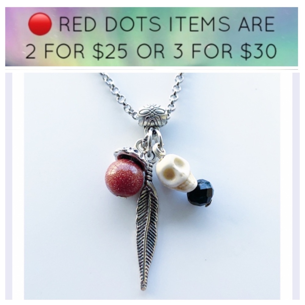 π΄Skull goldstone necklace .Goldstone bead leaf & white skull charm boho feather - Picture 1 of 9